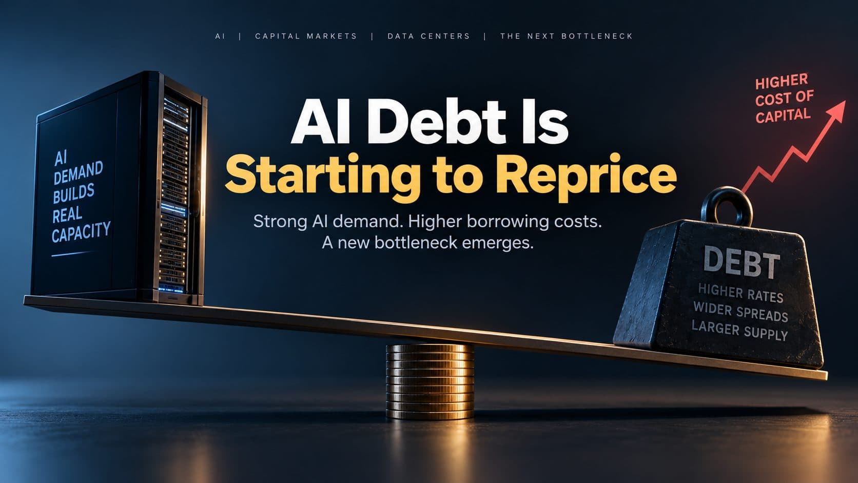 AI Debt Is Starting to Reprice: AI server rack balanced against a debt weight with higher cost of capital arrow, illustrating the AI CapEx financing story